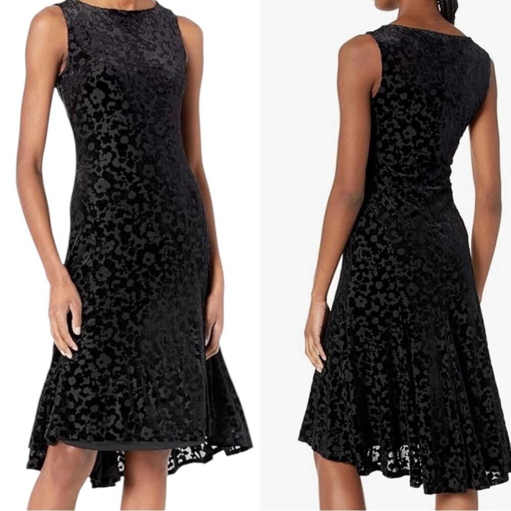 Tommy Hilfiger Velvet Burnout Midi Dress 2 Black Boat Neck Trumpet Hem Hi-Low